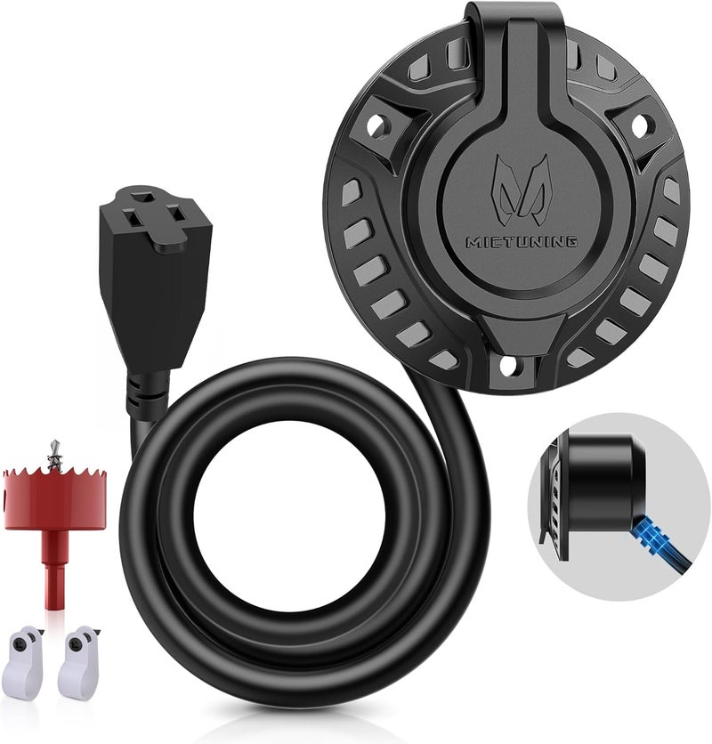 MICTUNING 15A 125V AC Port Plug, 18'' Extension Cord with Power Inlet Socket-Low Port Outlet, Heavy-Duty RV Shore Waterproof Outdoor Electrical Receptacle, with Hole Saw - Image 1